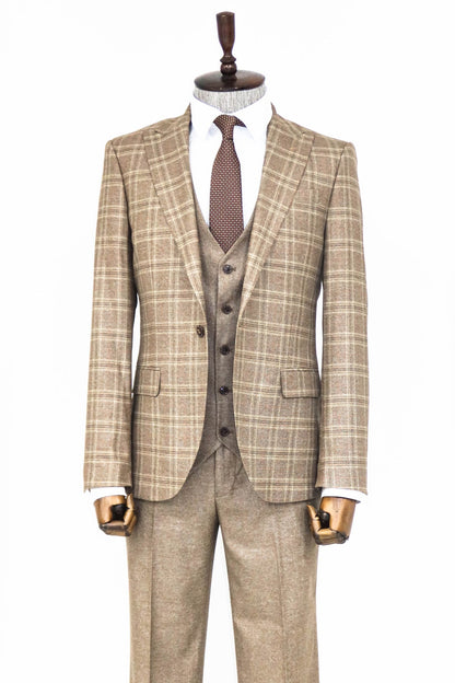 Checked Slim Fit Light Brown Men Suit and Shirt Combination