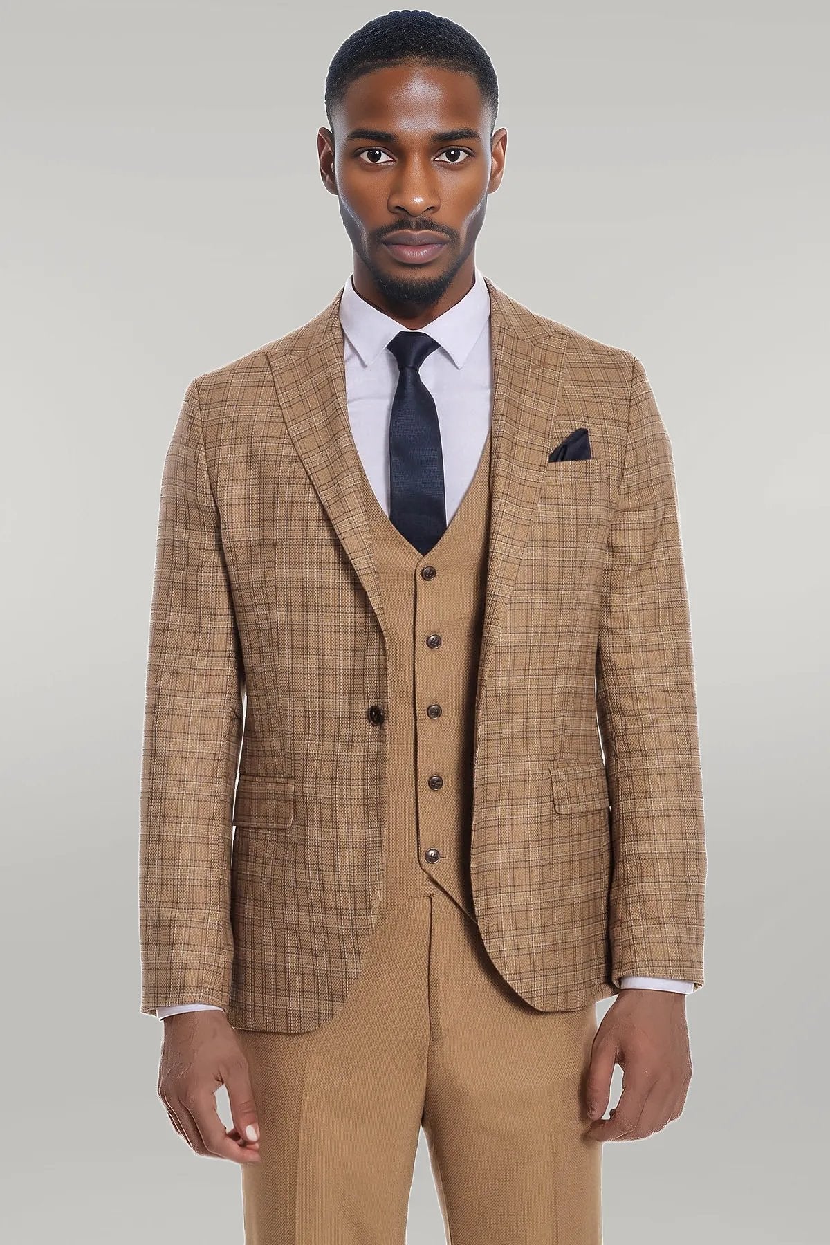 KOALA SYDNEY Checked Slim Fit Tan Men Suit