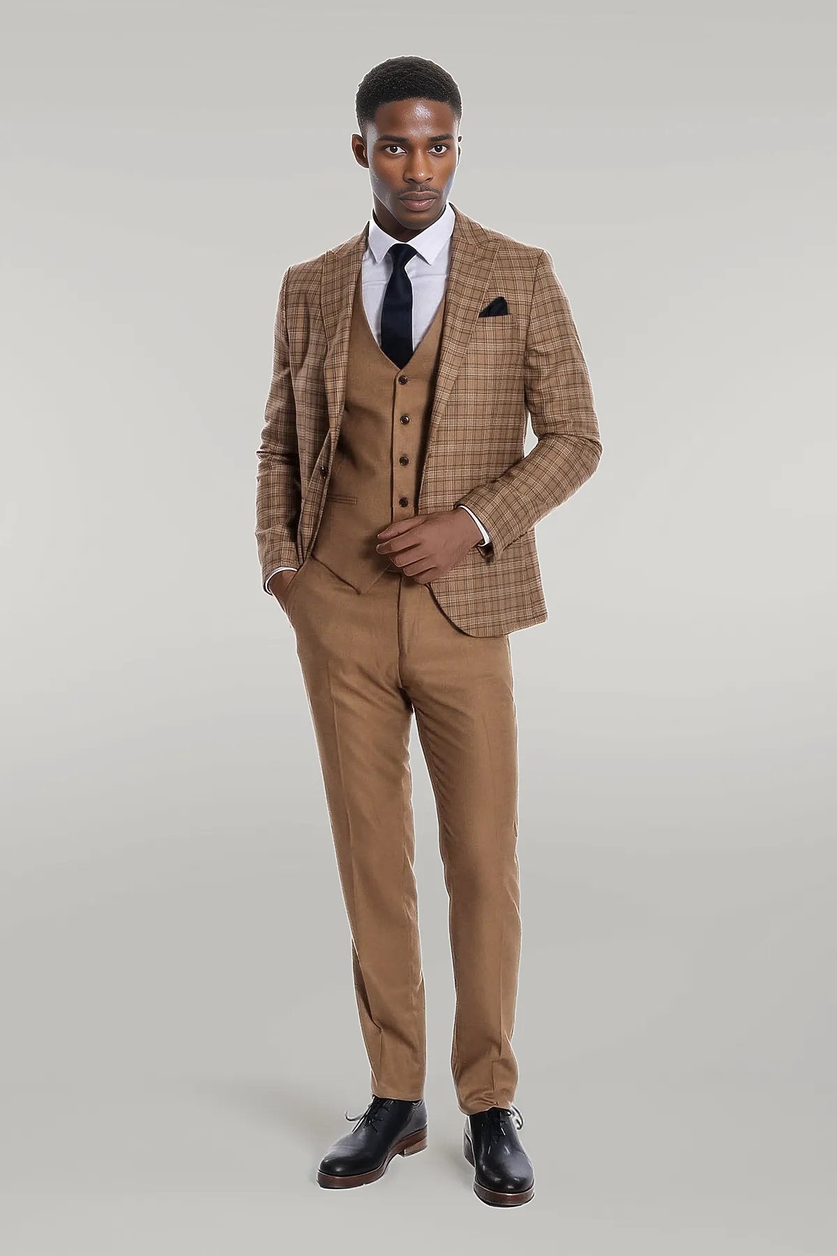 KOALA SYDNEY Checked Slim Fit Tan Men Suit