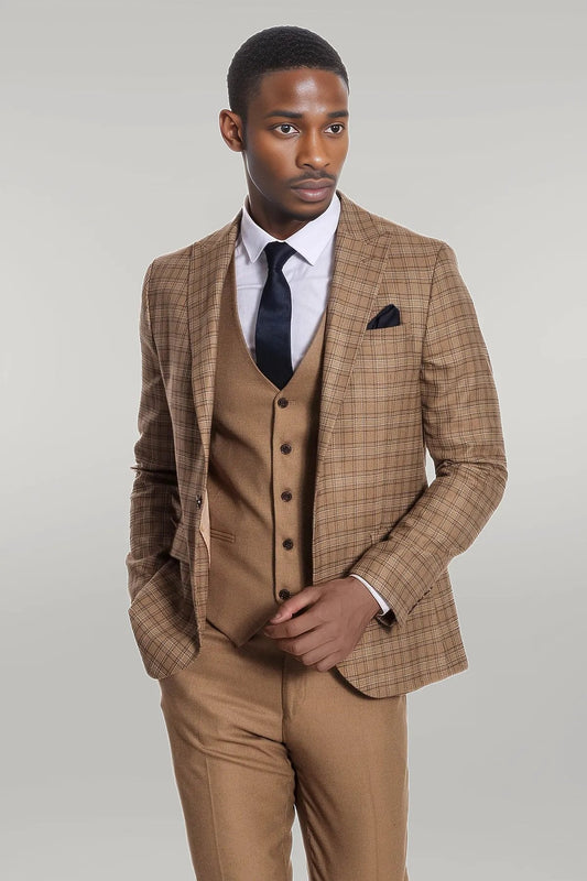 KOALA SYDNEY Checked Slim Fit Tan Men Suit