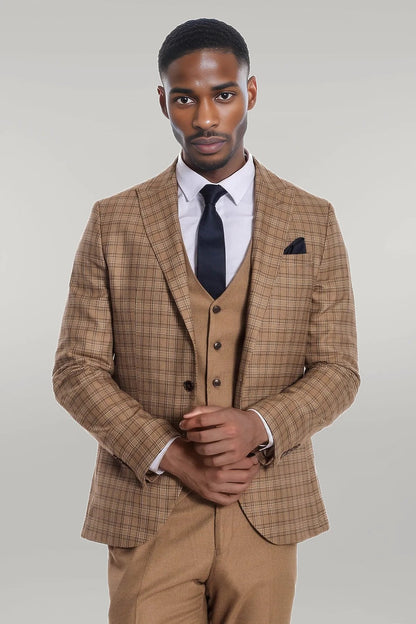 KOALA SYDNEY Checked Slim Fit Tan Men Suit