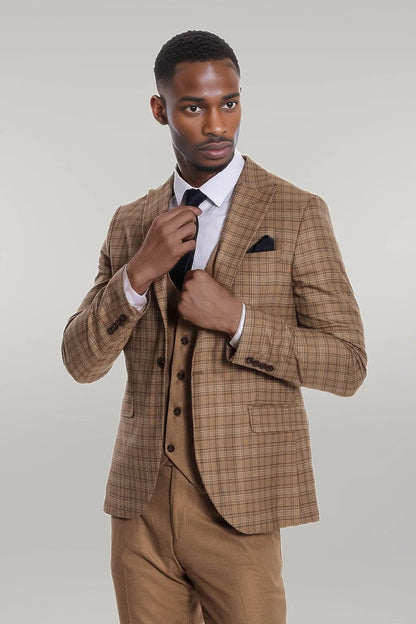 KOALA SYDNEY Checked Slim Fit Tan Men Suit