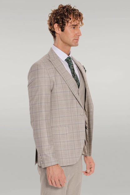 KOALA SYDNEY Checked Slim Fit Cream Men Suit