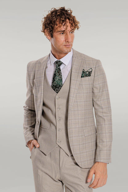 KOALA SYDNEY Checked Slim Fit Cream Men Suit