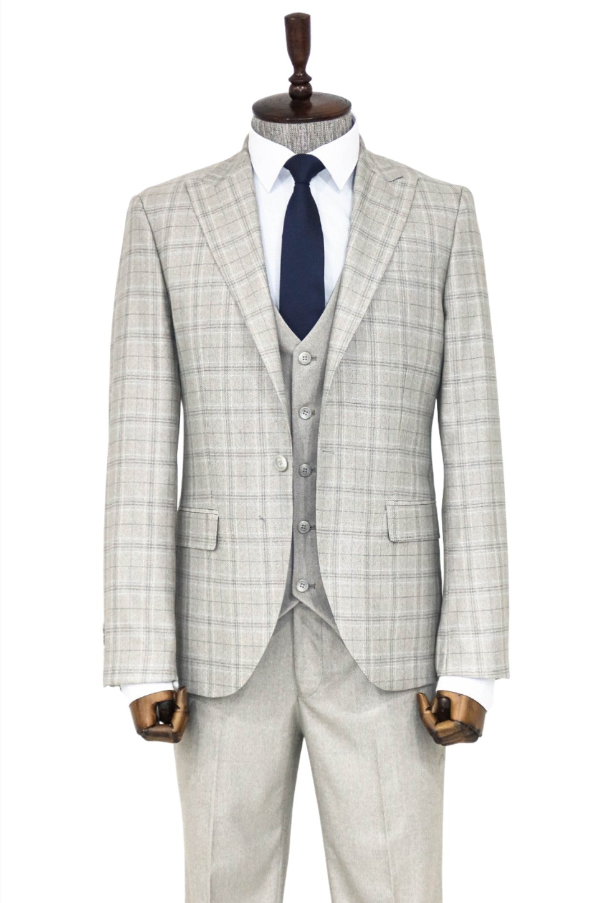 Checked Slim Fit Cream Men Suit and Shirt Combination
