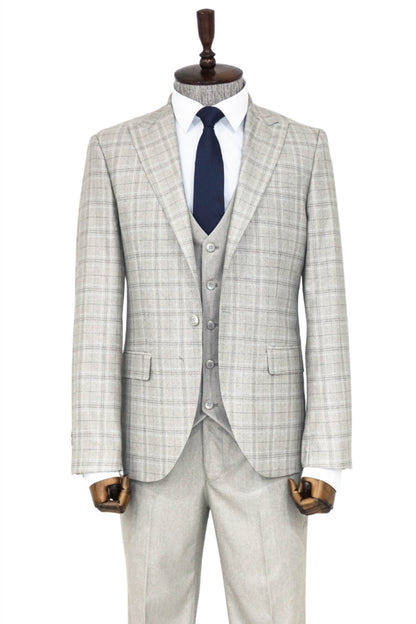 Checked Slim Fit Cream Men Suit and Shirt Combination