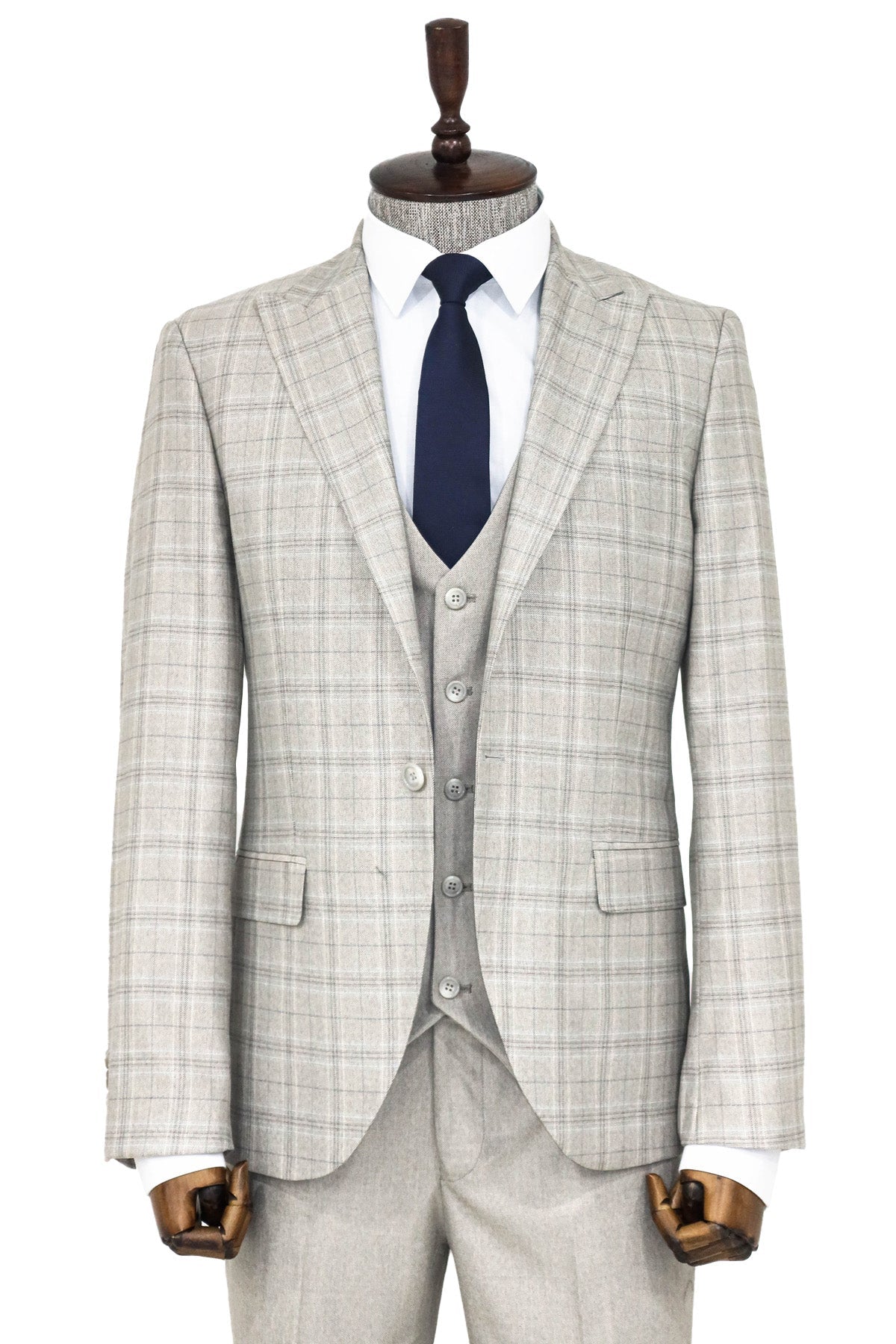 Checked Slim Fit Cream Men Suit and Shirt Combination