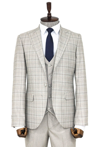 Checked Slim Fit Cream Men Suit and Shirt Combination