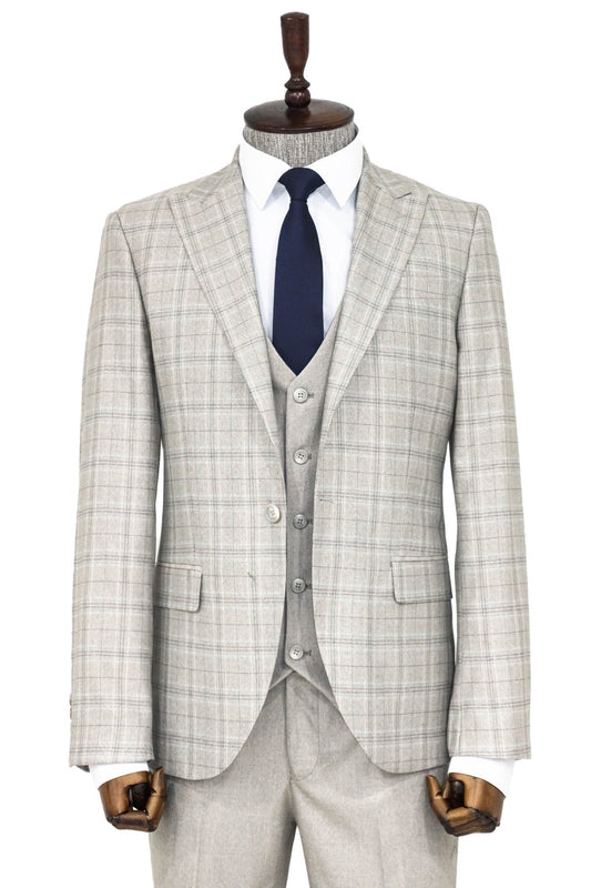 Checked Slim Fit Cream Men Suit and Shirt Combination