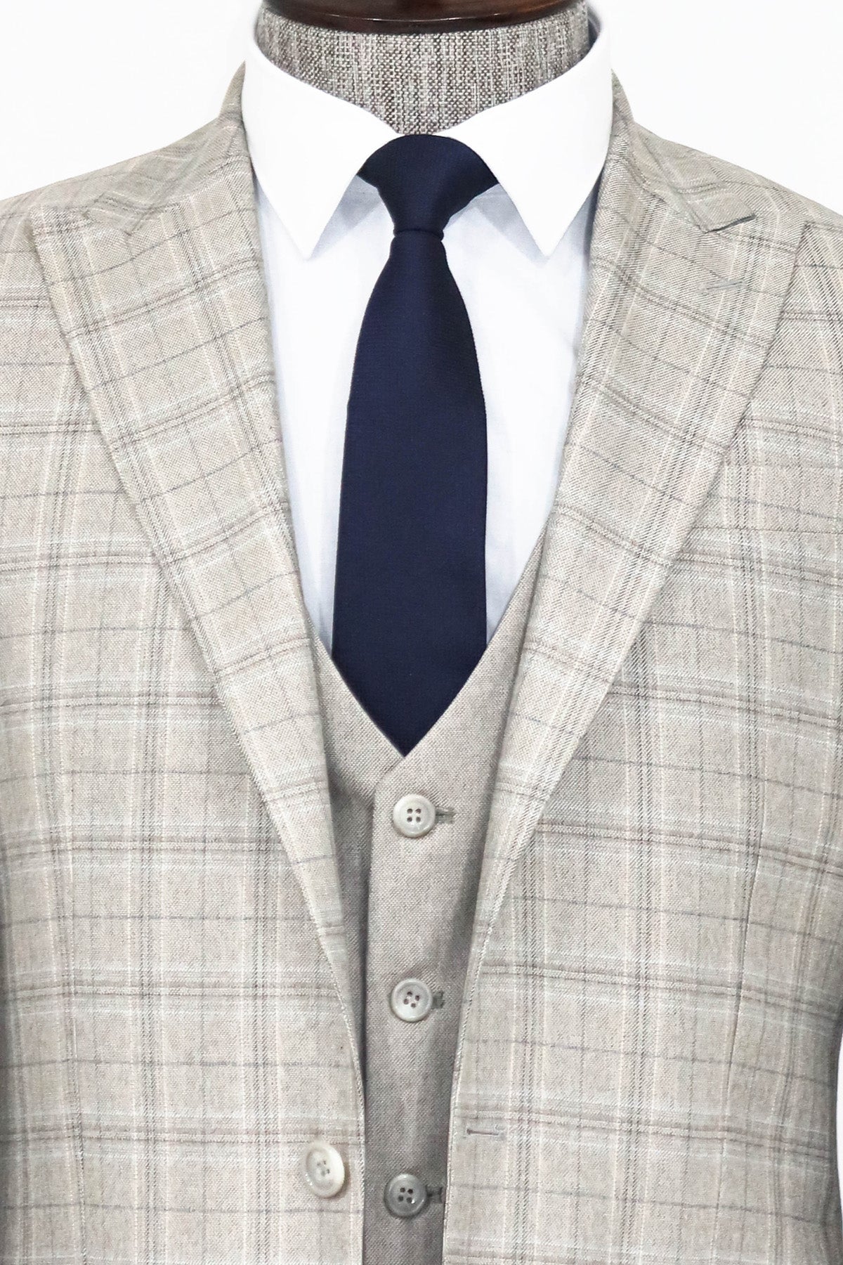 Checked Slim Fit Cream Men Suit and Shirt Combination