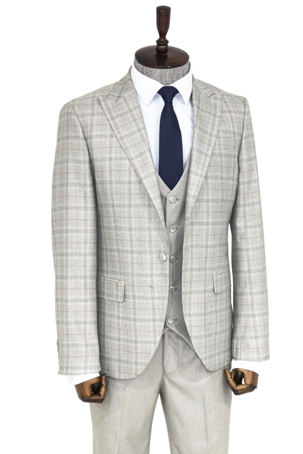 Checked Slim Fit Cream Men Suit and Shirt Combination