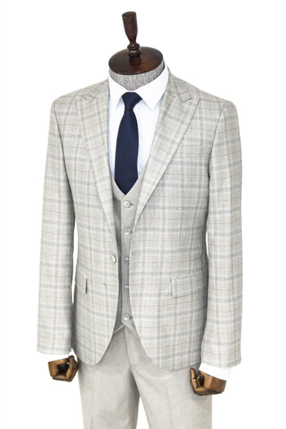 Checked Slim Fit Cream Men Suit and Shirt Combination