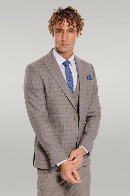 KOALA SYDNEY Checked Slim Fit Light Brown Men Suit