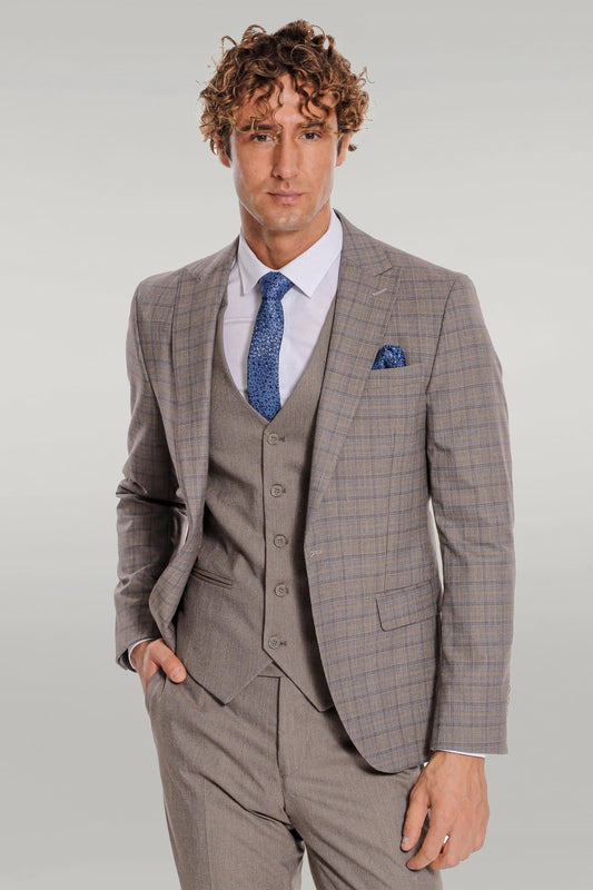 KOALA SYDNEY Checked Slim Fit Light Brown Men Suit