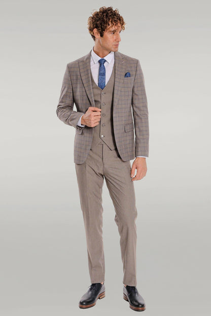 KOALA SYDNEY Checked Slim Fit Light Brown Men Suit