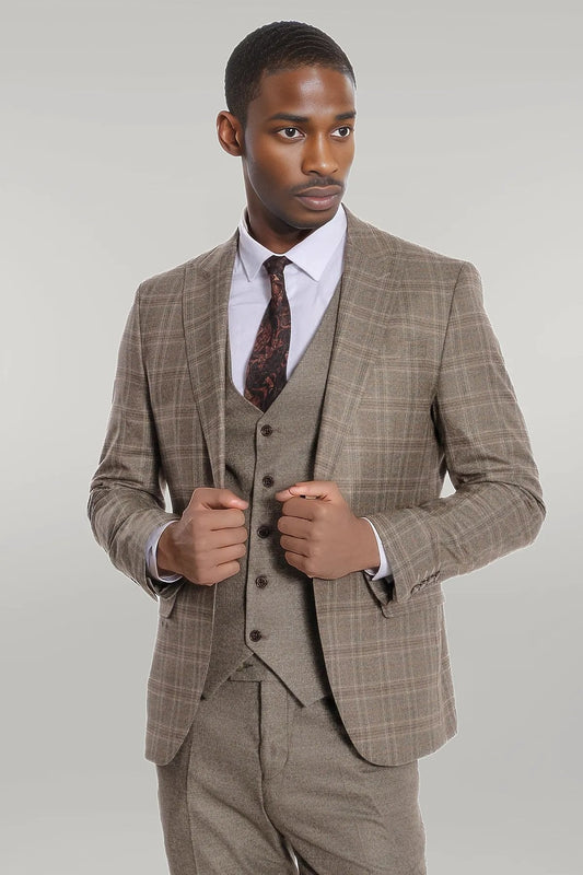 KOALA SYDNEY Checked Slim Fit Brown Men Suit