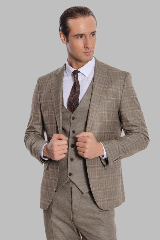 Checked Slim Fit Brown Men Suit