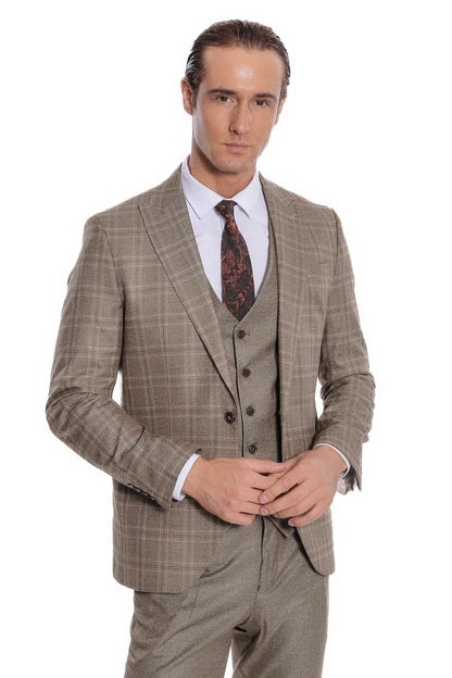 Checked Slim Fit Brown Men Suit