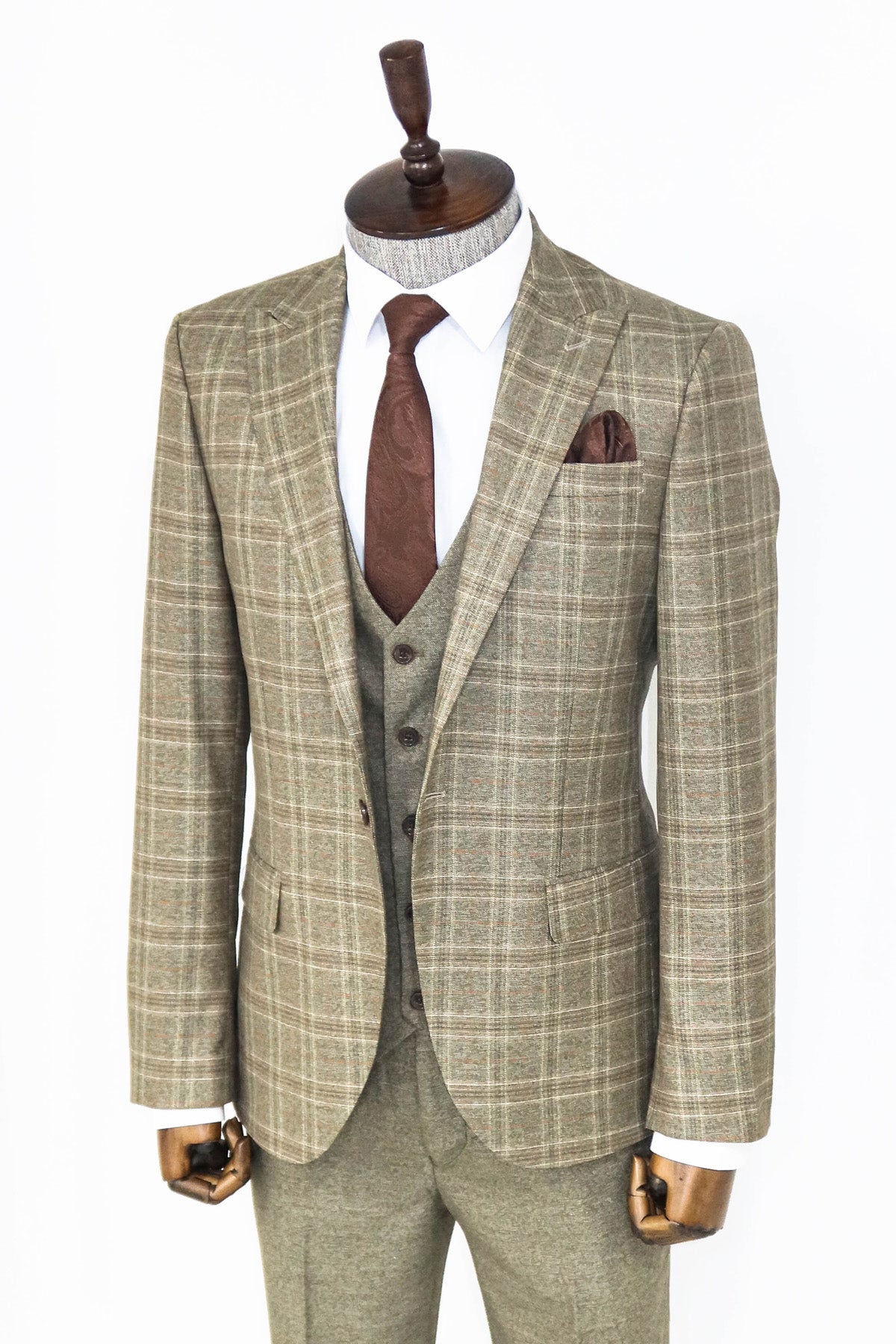 Checked Slim Fit Brown Men Suit and Shirts Combination-