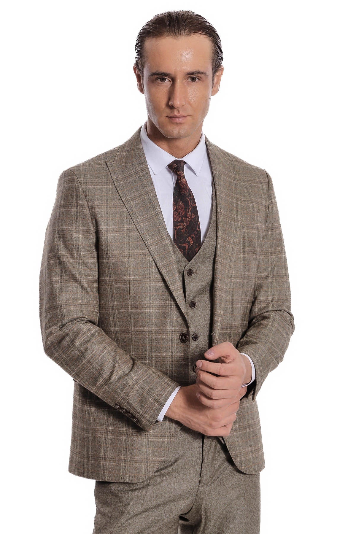 Checked Slim Fit Brown Men Suit