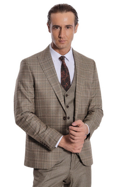 Checked Slim Fit Brown Men Suit