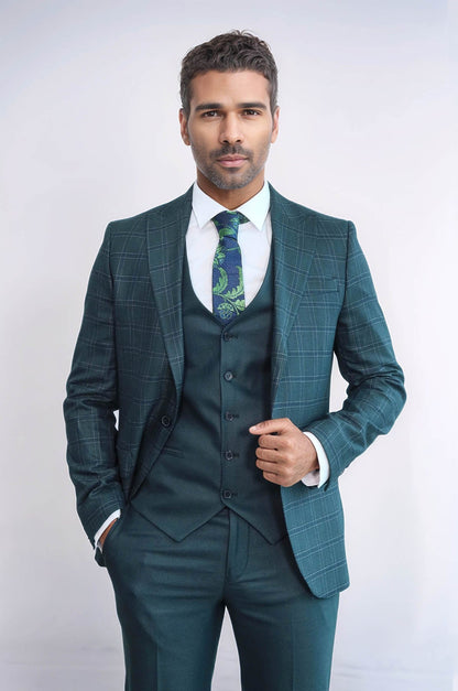 KOALA SYDNEY Checked Slim Fit Green Men Suit