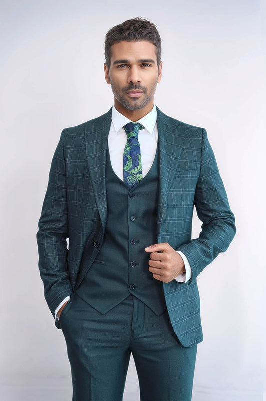 KOALA SYDNEY Checked Slim Fit Green Men Suit
