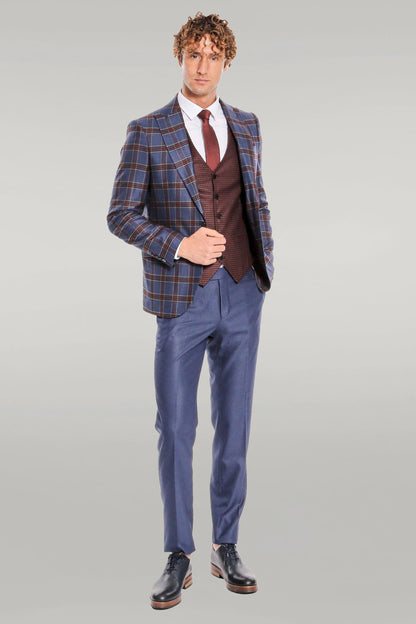 KOALA SYDNEY Patterned Checked Slim Fit Blue Men Suit