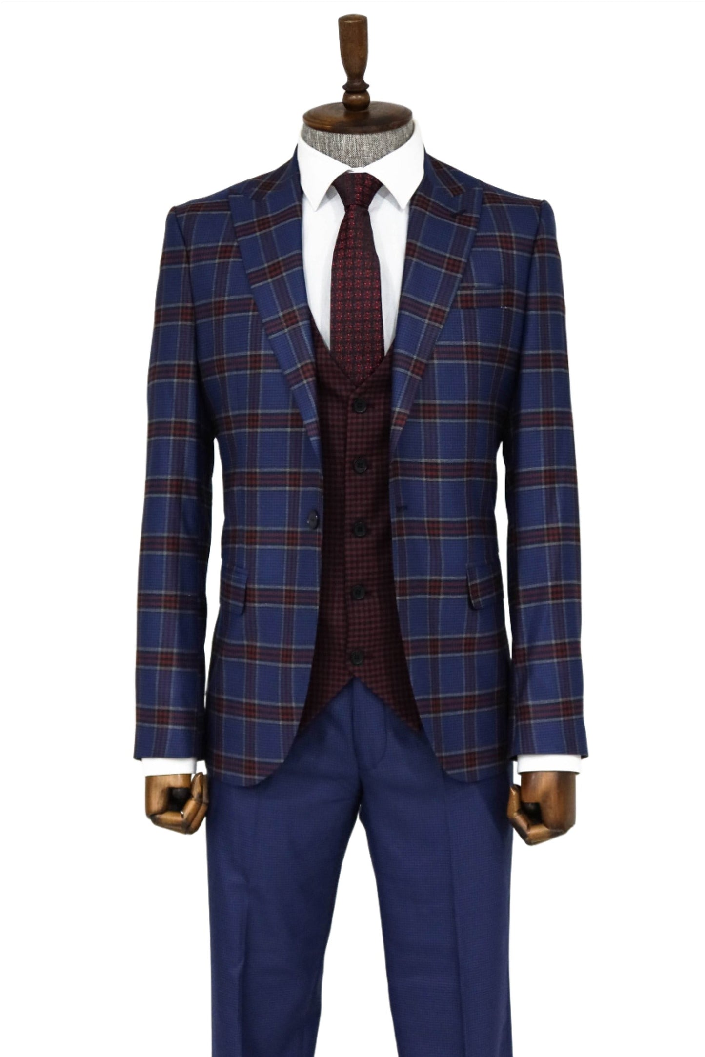 Patterned Checked Slim Fit Blue Men Suit and Shirt Combination