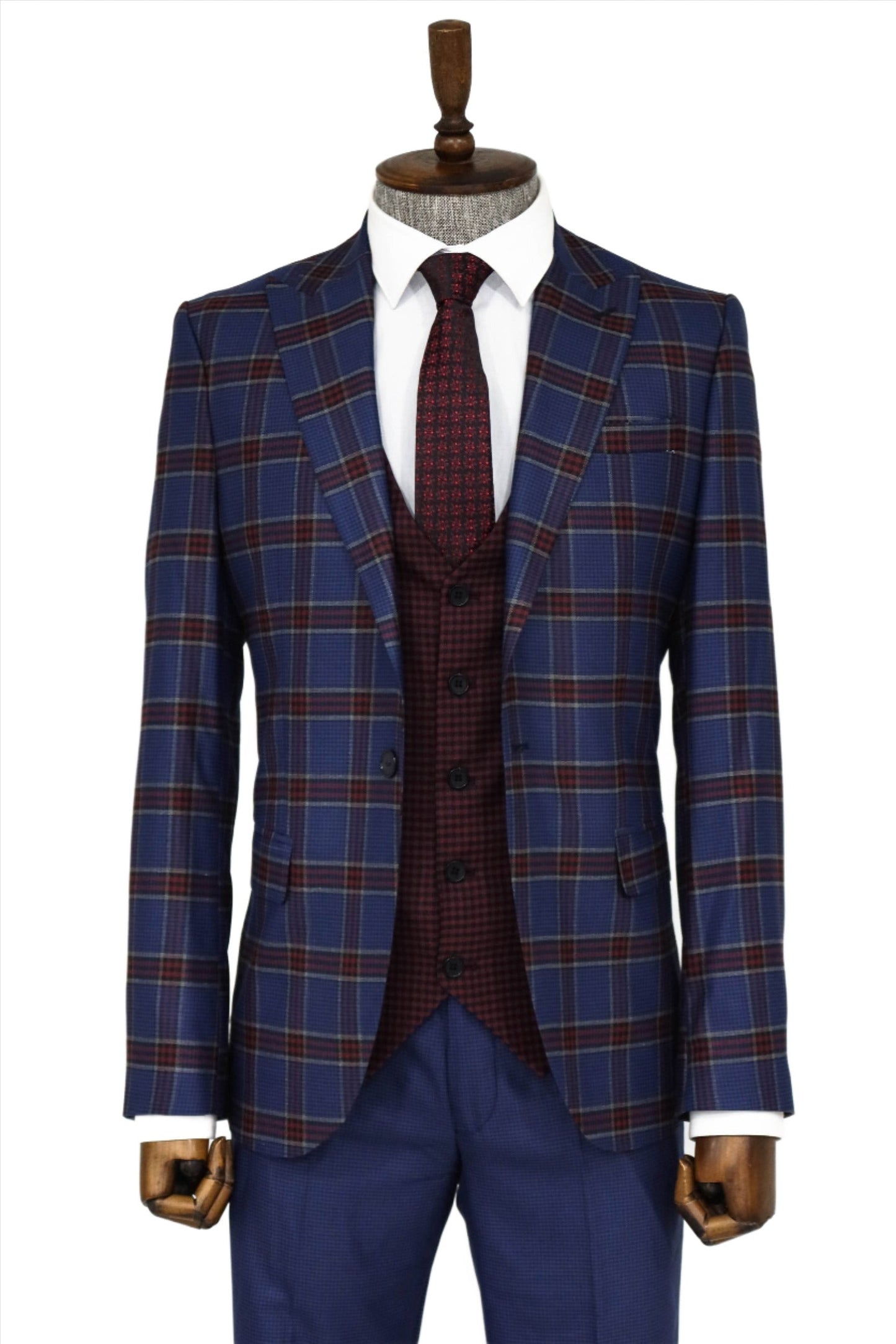 Patterned Checked Slim Fit Blue Men Suit and Shirt Combination