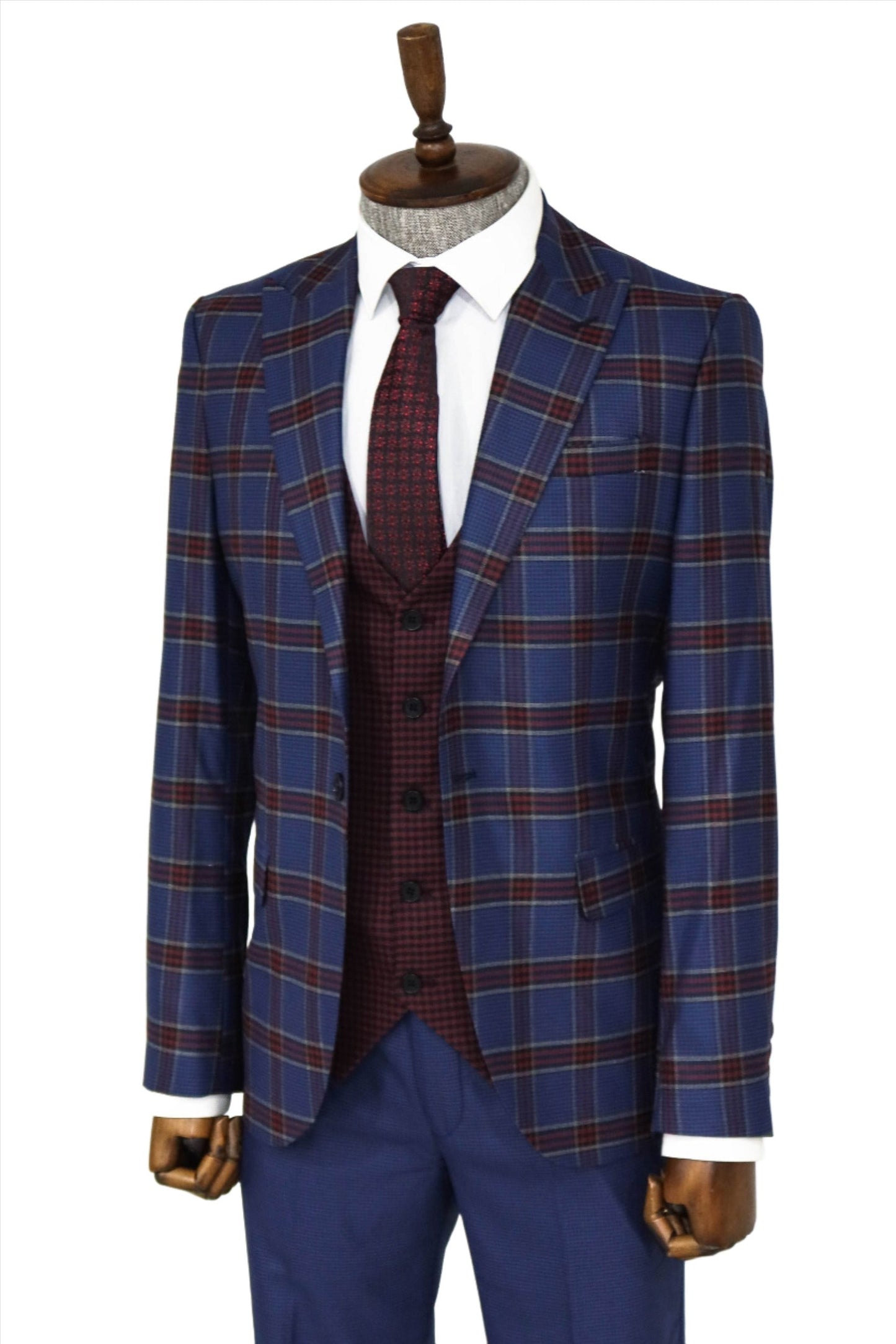 Patterned Checked Slim Fit Blue Men Suit and Shirt Combination