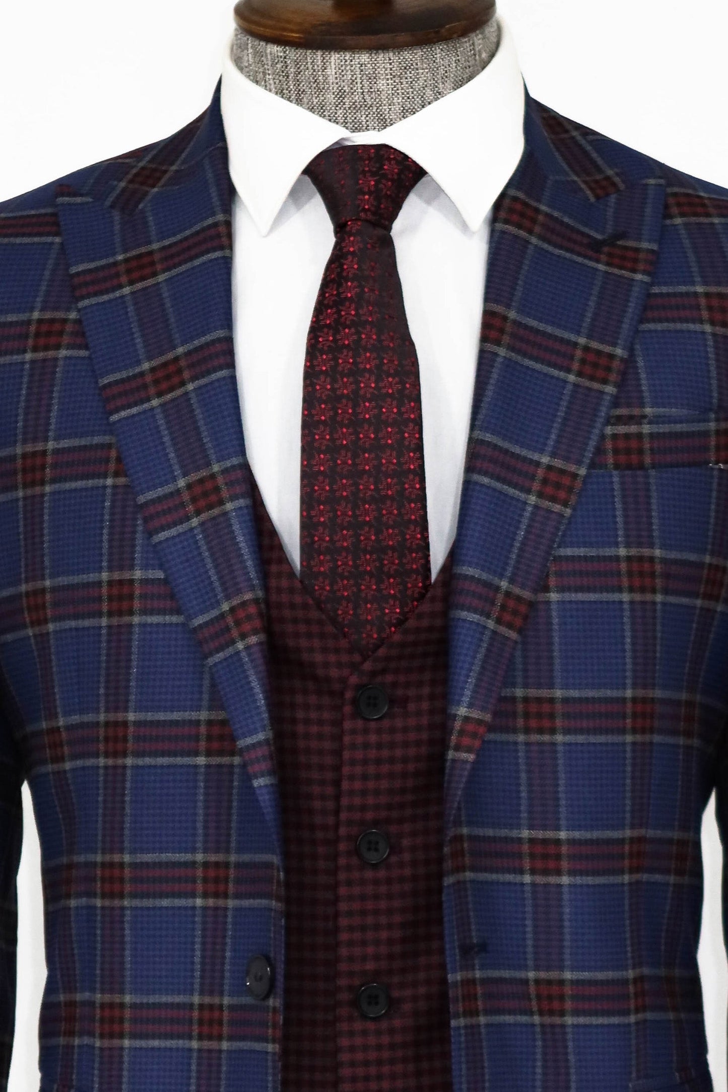 Patterned Checked Slim Fit Blue Men Suit and Shirt Combination