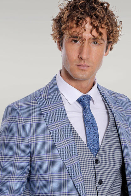KOALA SYDNEY Patterned Checked Slim Fit Blue Men Suit