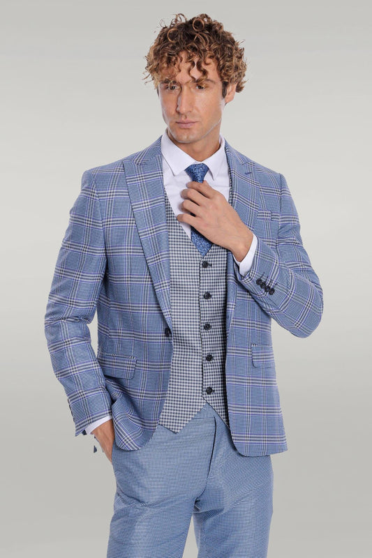 KOALA SYDNEY Patterned Checked Slim Fit Blue Men Suit