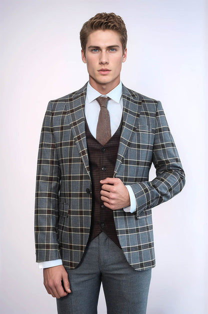KOALA SYDNEY Patterned Checked Slim Fit Anthracite Men Suit