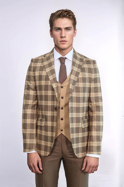KOALA SYDNEY Slim Fit Patterned Checked Light Brown Men Suit