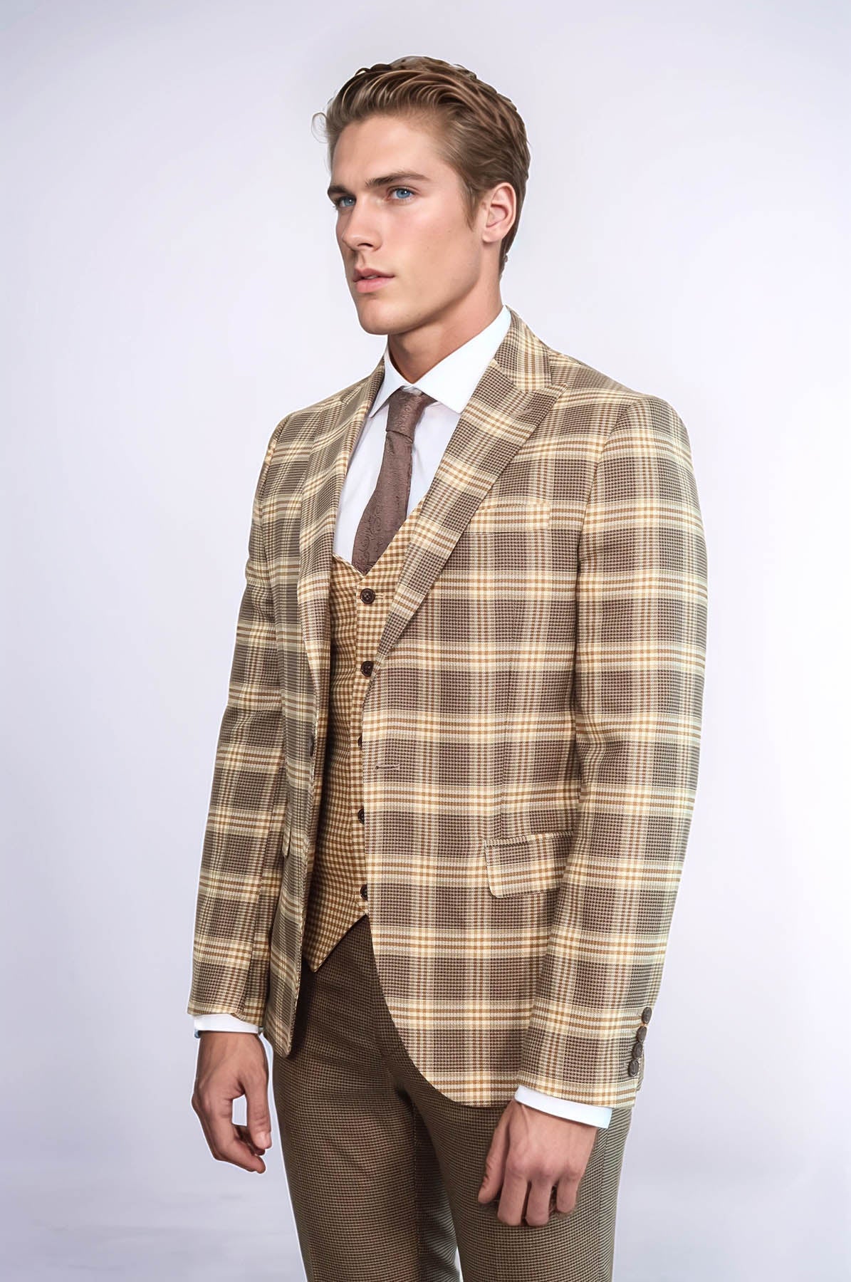 KOALA SYDNEY  Slim Fit Patterned Checked Light Brown Men Suit -