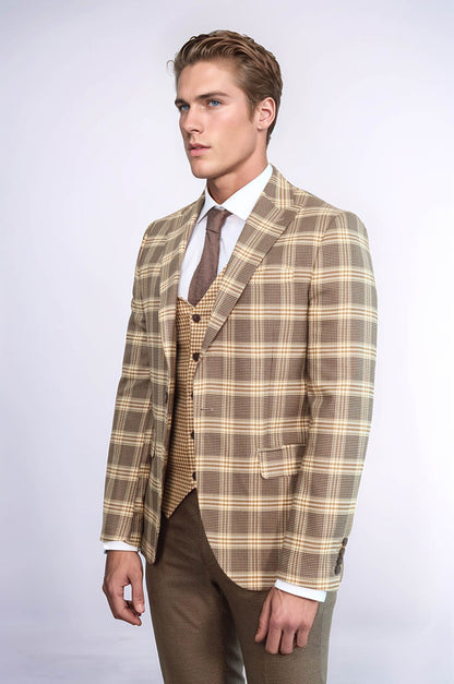 KOALA SYDNEY Slim Fit Patterned Checked Light Brown Men Suit