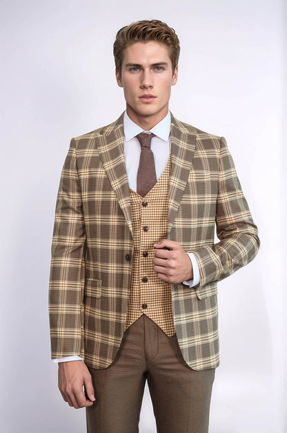 KOALA SYDNEY Slim Fit Patterned Checked Light Brown Men Suit