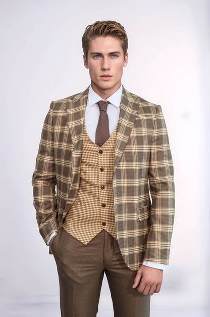 KOALA SYDNEY Slim Fit Patterned Checked Light Brown Men Suit
