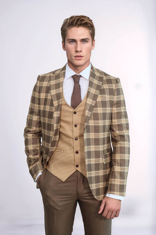 KOALA SYDNEY Slim Fit Patterned Checked Light Brown Men Suit