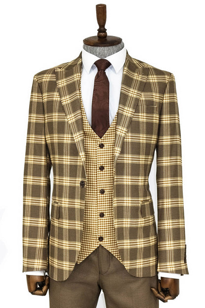 KOALA SYDNEY  Slim Fit Patterned Checked Light Brown Men Suit and Shirt Combination