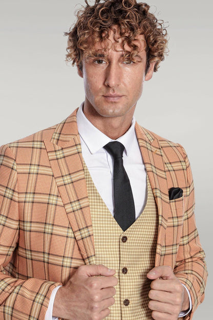 KOALA SYDNEY Slim Fit Patterned Checked Orange Men Suit