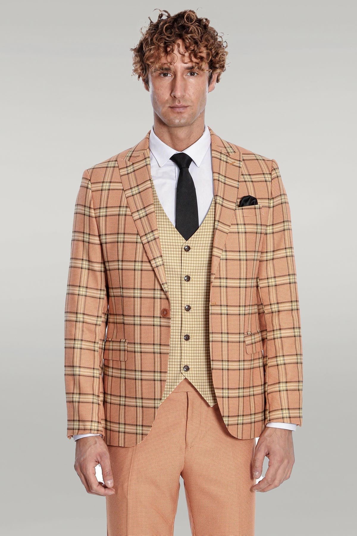 KOALA SYDNEY Slim Fit Patterned Checked Orange Men Suit