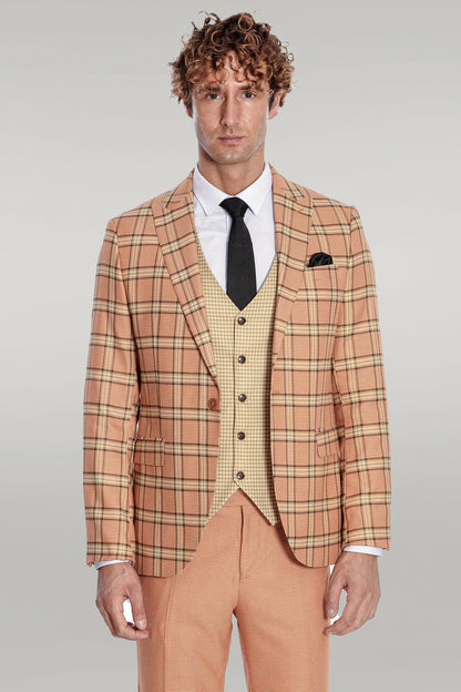 KOALA SYDNEY Slim Fit Patterned Checked Orange Men Suit
