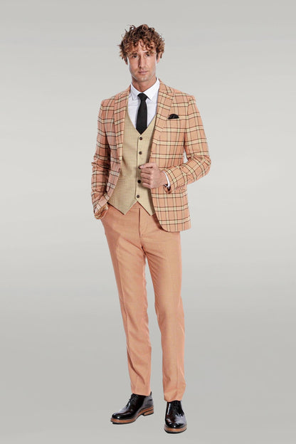 KOALA SYDNEY Slim Fit Patterned Checked Orange Men Suit