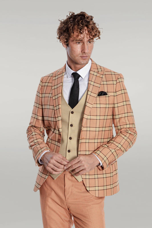 KOALA SYDNEY Slim Fit Patterned Checked Orange Men Suit