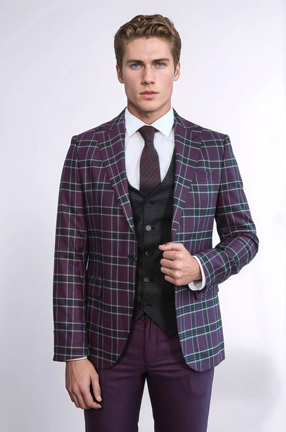 KOALA SYDNEY Slim Fit Patterned Checked Burgundy Men Suit