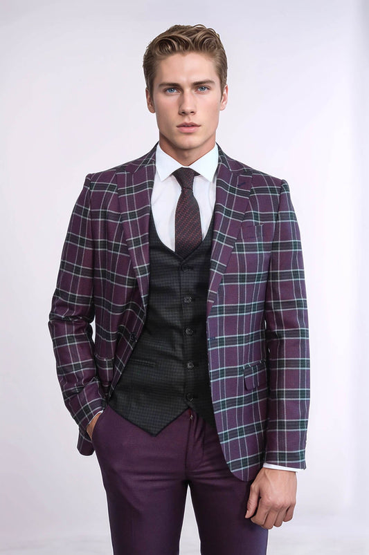 KOALA SYDNEY Slim Fit Patterned Checked Burgundy Men Suit