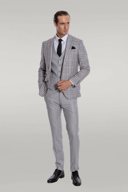 KOALA SYDNEY Checked Slim Fit Light Grey Men Suit